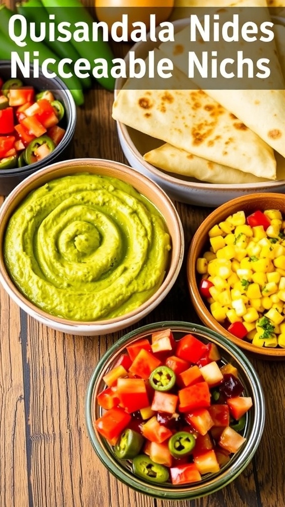 A colorful array of guacamole, salsa, and corn salad served alongside quesadillas on a wooden table.